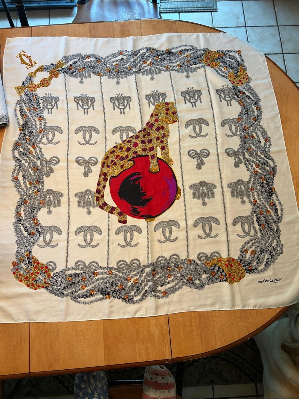 Cartier Off White Silk Scarf with Red, Gold & Gray Accents